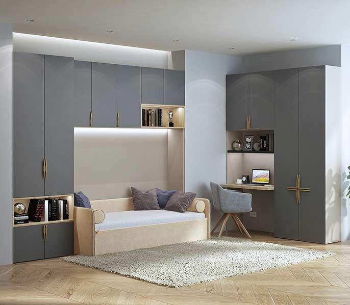 Шкаф с открытыми полками и столом в детскую