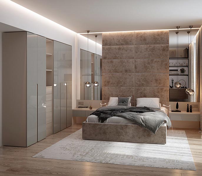 Шкаф в спальню с ящиками в глянце