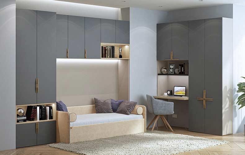 Шкаф с открытыми полками и столом в детскую