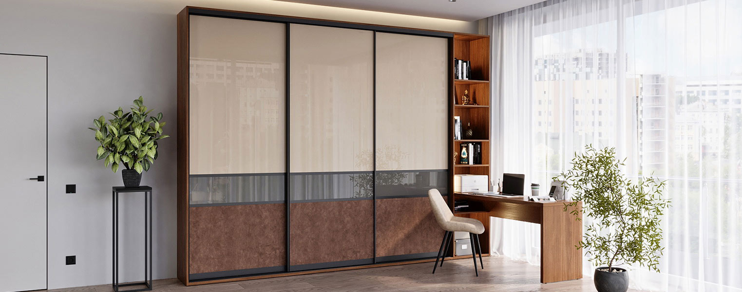 Шкаф-купе в гостиную с полками и столом - фото No 2