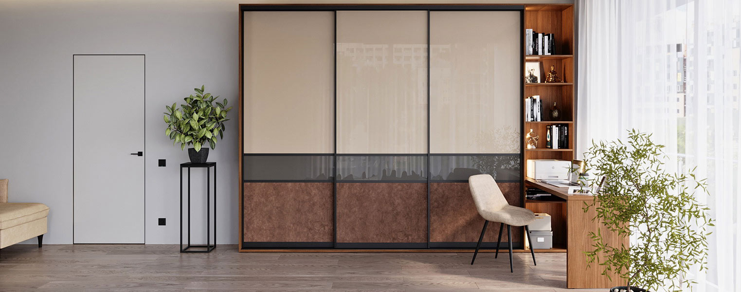 Шкаф-купе в гостиную с полками и столом - фото No 1