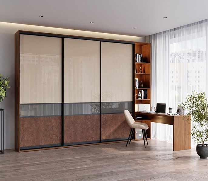 Шкаф-купе в гостиную с полками и столом