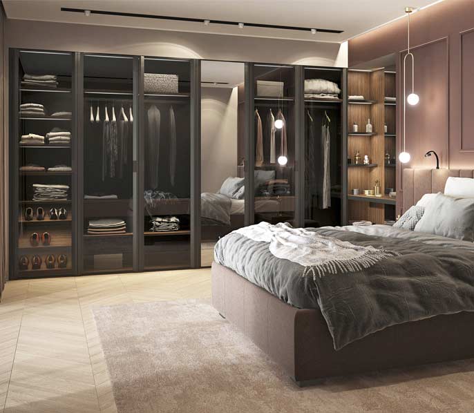 Встроенный шкаф со стеклом и зеркалом в спальню