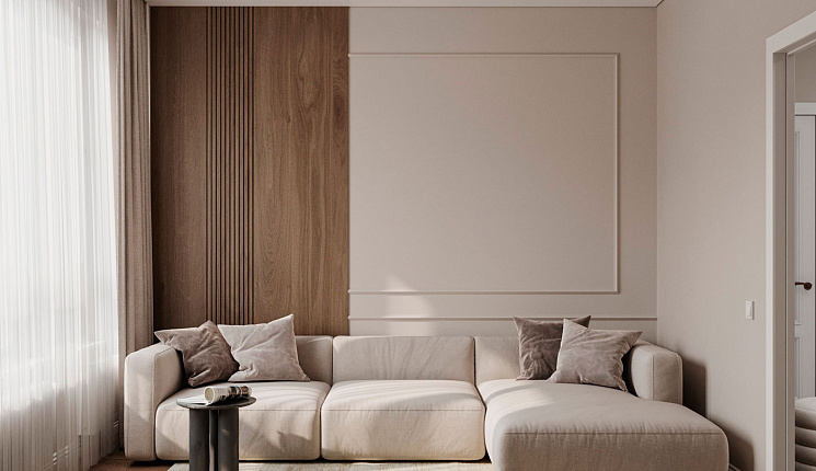 Светлая функциональная квартира  в бежевых тонах для семьи из трех человек