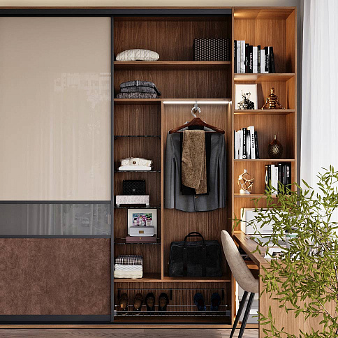 Шкаф-купе в гостиную с полками и столом - детальное фото № 1