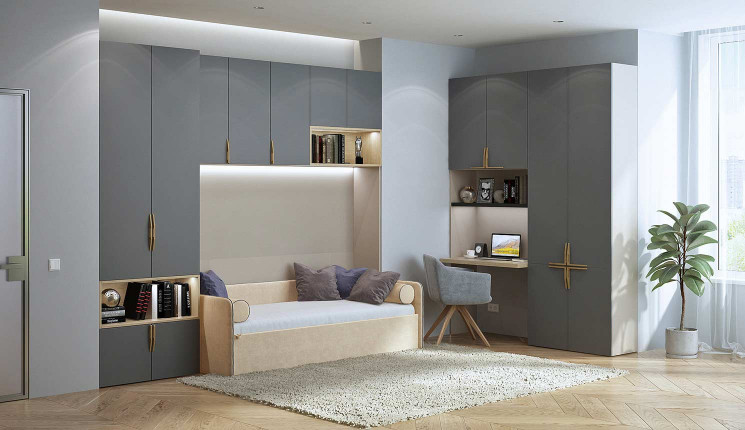 Шкаф с открытыми полками и столом в детскую